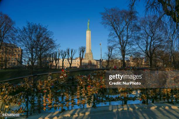 Freedom monument memorial in Riga, Latvia in the blue sky. The monument is honoring the soldiers killed during the Latvian War of Independence...