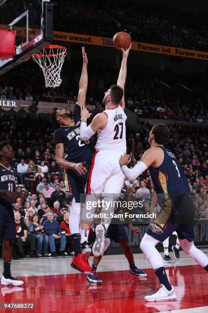 Jusuf Nurkic of the Portland Trail Blazers shoots the ball against the New Orleans Pelicans in Game One of the Western Conference Quarterfinals...