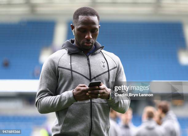 Moussa Sissoko of Tottenham Hotspur is seen on the pitch prior to the Premier League match between Brighton and Hove Albion and Tottenham Hotspur at...