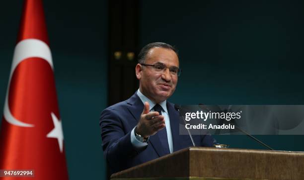 Turkish Deputy Prime Minister and government spokesperson Bekir Bozdag gives a speech during a press conference after the cabinet meeting in Ankara,...