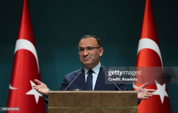 Turkish Deputy Prime Minister and government spokesperson Bekir Bozdag gives a speech during a press conference after the cabinet meeting in Ankara,...