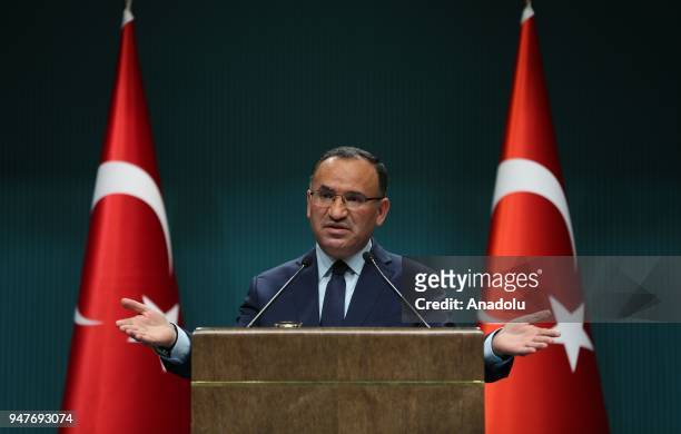 Turkish Deputy Prime Minister and government spokesperson Bekir Bozdag gives a speech during a press conference after the cabinet meeting in Ankara,...