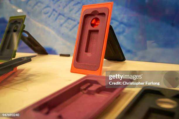 Packaging made from recycled papaer cups using the COLOURFORM process is displayed at James Cropper recycling plant on April 17, 2018 in Kendal,...