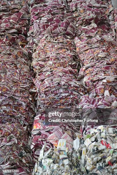 Thousands of take-away coffee cups wait to be recycled at James Cropper recycling plant on April 17, 2018 in Kendal, England. Master papermaker James...