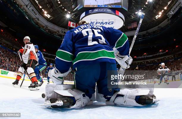 Jacob Markstrom of the Vancouver Canucks makes a save during their NHL game against the Anaheim Ducks at Rogers Arena March 27, 2018 in Vancouver,...