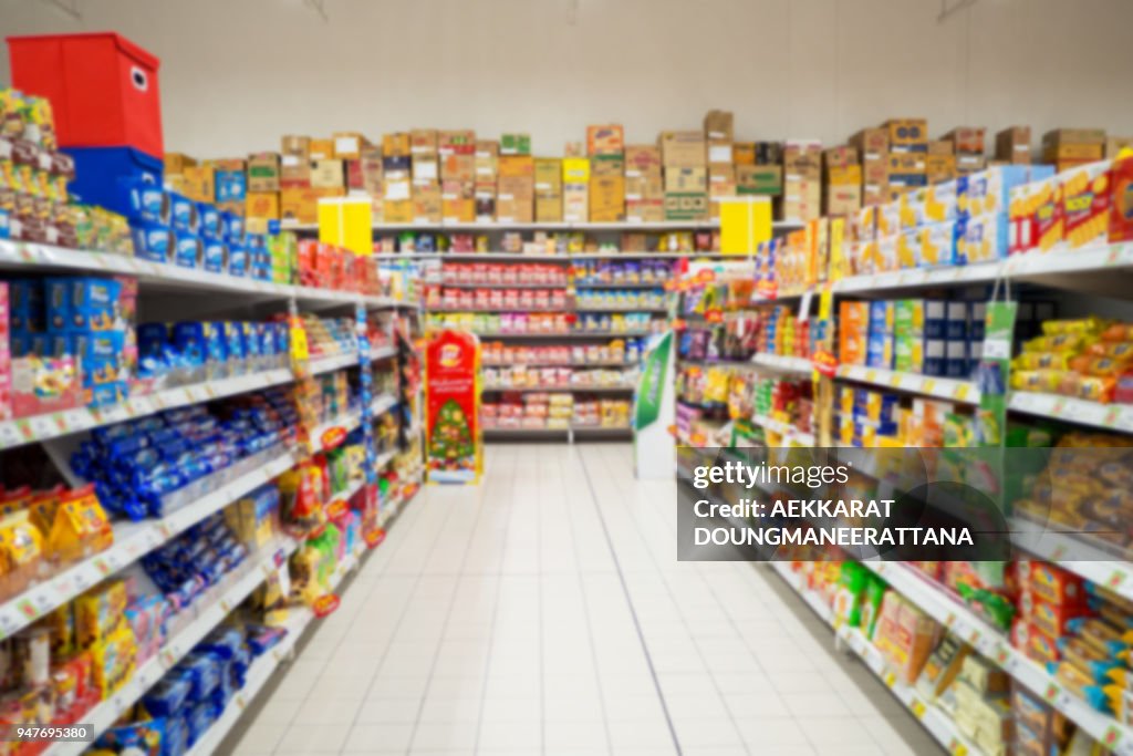 Abstract blur supermarket and retail store in shopping mall for background.