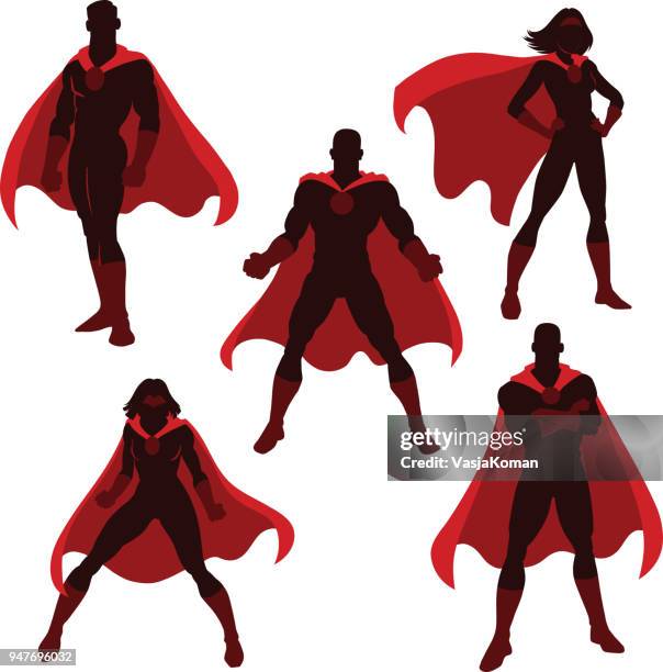 illustrations, cliparts, dessins animés et icônes de silhouettes de super-héros masculins et féminins - cape