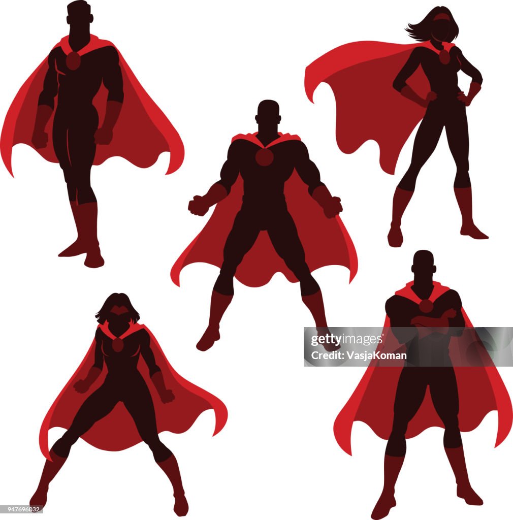 Mannelijke en vrouwelijke superheld silhouetten
