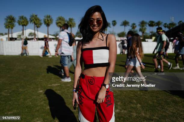 Coachella guest wearing a Tommy Hilfiger bra and a I Am Gia the label trouser during day 2 of the 2018 Coachella Valley Music & Arts Festival Weekend...