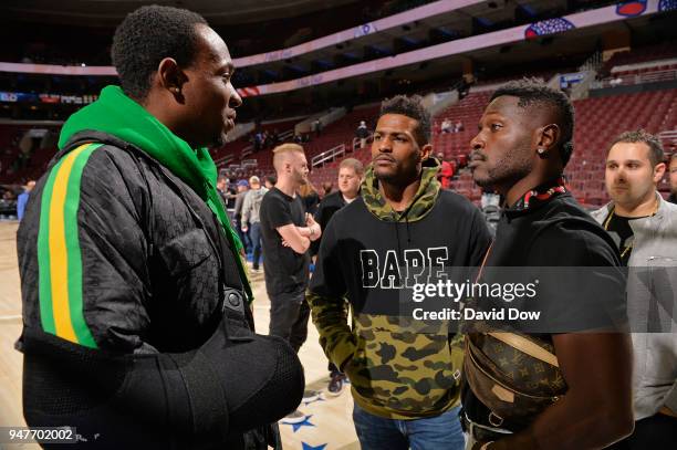 Players, Antonio Brown, Mike Wallace and Alshon Jeffery speak after the game between Miami Heat and Philadelphia 76ers in Game Two of Round One of...