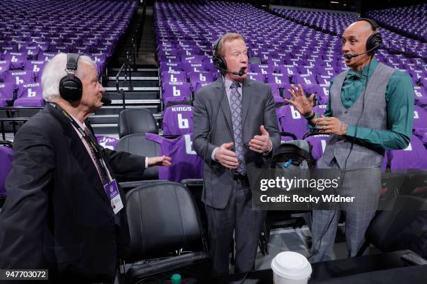 Sacramento Kings TV analyst Jerry Reynolds, announcter Grant Napear and announcer Doug Christie talk prior to the game against the Houston Rockets on...