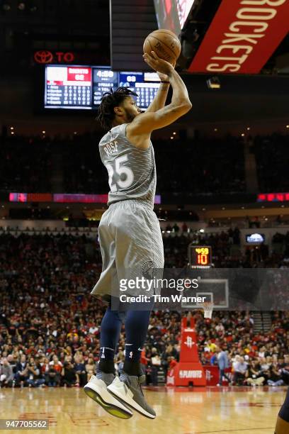 Derrick Rose of the Minnesota Timberwolves takes a shot in the second half during Game One of the first round of the 2018 NBA Playoffs against the...