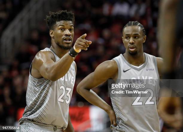 Jimmy Butler of the Minnesota Timberwolves reacts in the second half during Game One of the first round of the 2018 NBA Playoffs against the Houston...