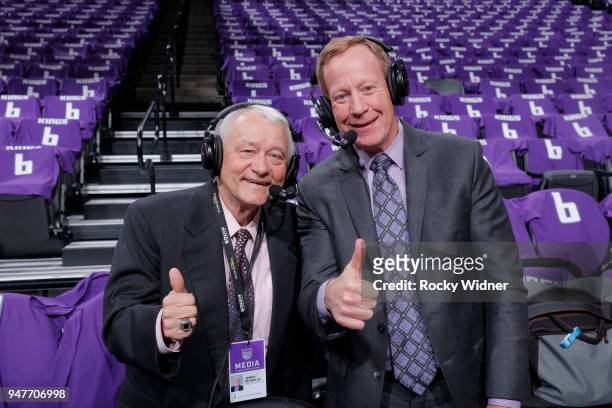 Sacramento Kings TV analyst Jerry Reynolds and announcer Grant Napear pose for a photo prior to the game against the Houston Rockets on April 11,...