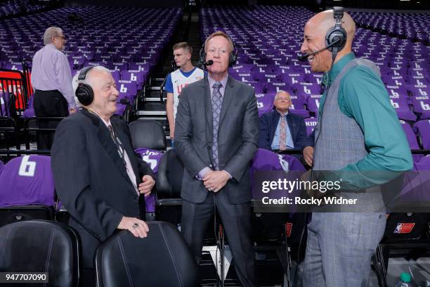 Sacramento Kings TV analyst Jerry Reynolds, announcter Grant Napear and announcer Doug Christie talk prior to the game against the Houston Rockets on...