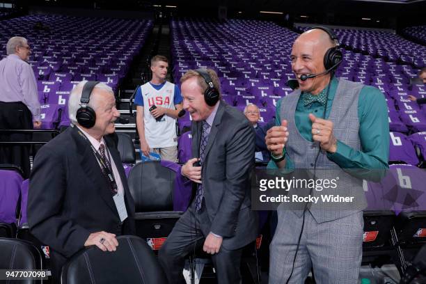 Sacramento Kings TV analyst Jerry Reynolds, announcter Grant Napear and announcer Doug Christie talk prior to the game against the Houston Rockets on...