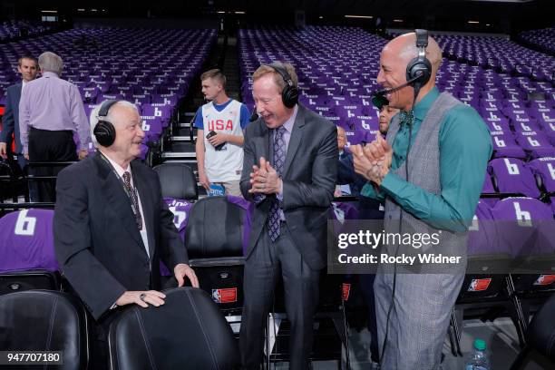 Sacramento Kings TV analyst Jerry Reynolds, announcter Grant Napear and announcer Doug Christie talk prior to the game against the Houston Rockets on...