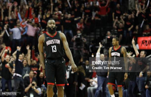 James Harden of the Houston Rockets reacts after a three point shot in the second half during Game One of the first round of the 2018 NBA Playoffs...