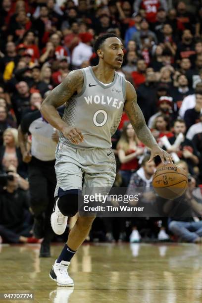 Jeff Teague of the Minnesota Timberwolves brings the ball down the court in the second half during Game One of the first round of the 2018 NBA...