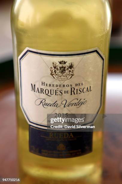 Marqués de Riscal's Rueda Verdejo 2015 white wine is served during a tasting at the winery on October 15, 2016 in Elciego, Spain. Marqués de Riscal...