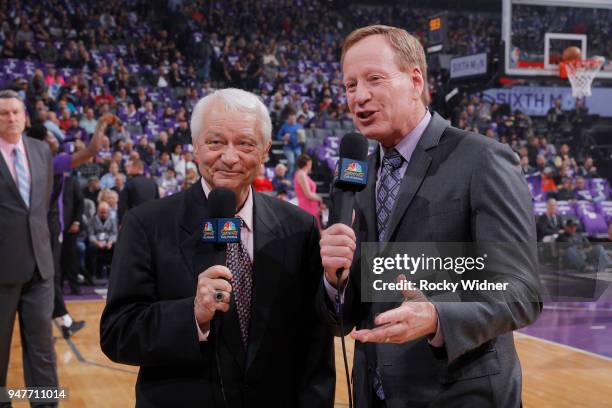 Sacramento Kings TV analyst Jerry Reynolds and announcer Grant Napear prior to the game against the Houston Rockets on April 11, 2018 at Golden 1...