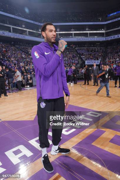 Willie Cauley-Stein of the Sacramento Kings speaks to fans prior to the game against the Houston Rockets on April 11, 2018 at Golden 1 Center in...