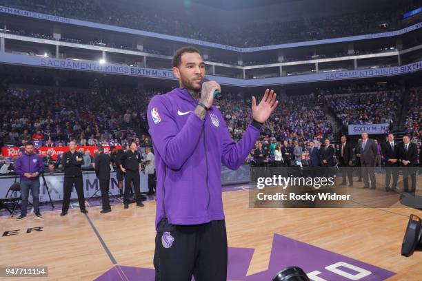 Willie Cauley-Stein of the Sacramento Kings speaks to fans prior to the game against the Houston Rockets on April 11, 2018 at Golden 1 Center in...