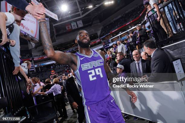 JaKarr Sampson of the Sacramento Kings greets fans upon entering into the tunnel against the Houston Rockets on April 11, 2018 at Golden 1 Center in...