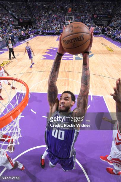 Willie Cauley-Stein of the Sacramento Kings dunks against the Houston Rockets on April 11, 2018 at Golden 1 Center in Sacramento, California. NOTE TO...