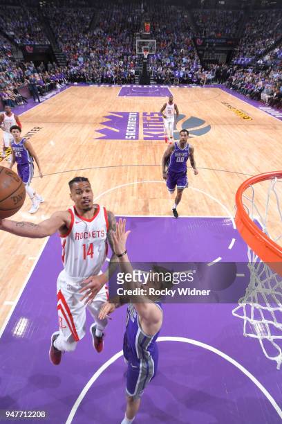 Gerald Green of the Houston Rockets shoots a layup against Bogdan Bogdanovic of the Sacramento Kings on April 11, 2018 at Golden 1 Center in...