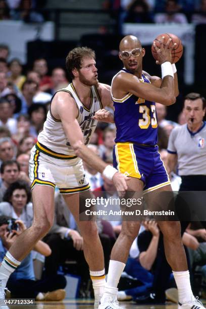 Kareem Abdul-Jabbar of the Los Angeles Lakers handles the balll against the Utah Jazz on December 26, 1987 at the Salt Palace in Salt Lake City,...