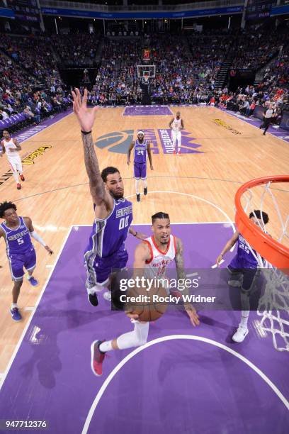 Gerald Green of the Houston Rockets puts up a shot against Willie Cauley-Stein of the Sacramento Kings on April 11, 2018 at Golden 1 Center in...