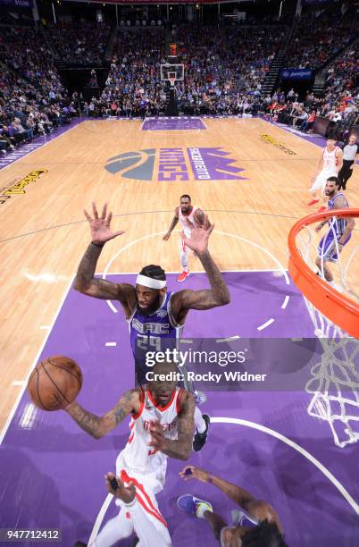 Aaron Jackson of the Houston Rockets puts up a shot against JaKarr Sampson of the Sacramento Kings on April 11, 2018 at Golden 1 Center in...
