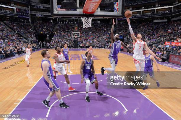 Hunter of the Houston Rockets shoots a layup against JaKarr Sampson of the Sacramento Kings on April 11, 2018 at Golden 1 Center in Sacramento,...