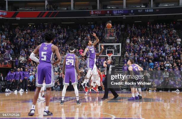 Willie Cauley-Stein of the Sacramento Kings jumps for the opening tip against the Houston Rockets on April 11, 2018 at Golden 1 Center in Sacramento,...