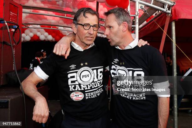 Luc van Agt of PSV, Andre Ooijer of PSV celebrates the championship with trophy at Stadhuisplein Eindhoven during the PSV Championship celebration at...