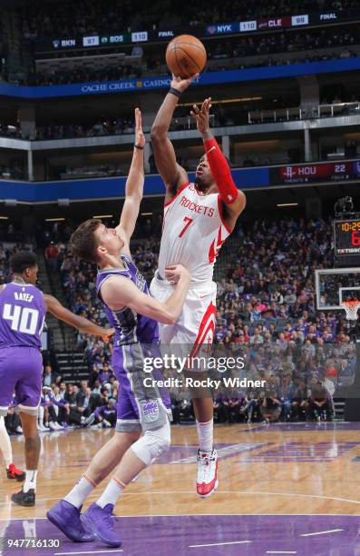 Joe Johnson of the Houston Rockets shoots against Bogdan Bogdanovic of the Sacramento Kings on April 11, 2018 at Golden 1 Center in Sacramento,...