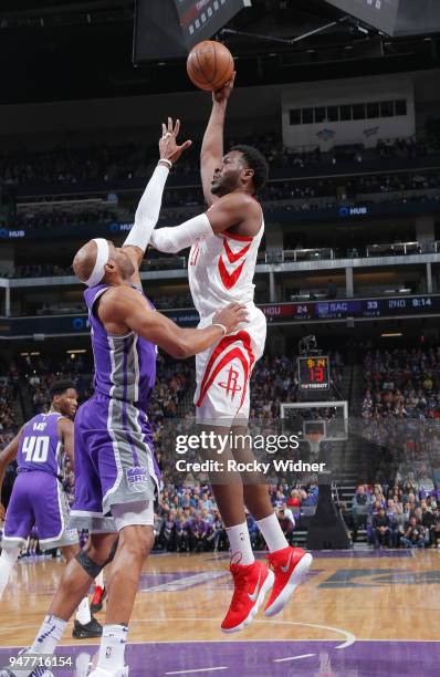 Chinanu Onuaku of the Houston Rockets shoots against the Sacramento Kings on April 11, 2018 at Golden 1 Center in Sacramento, California. NOTE TO...