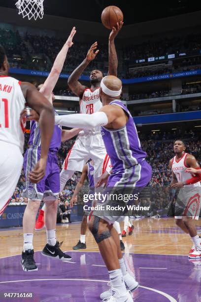 Tarik Black of the Houston Rockets shoots against the Sacramento Kings on April 11, 2018 at Golden 1 Center in Sacramento, California. NOTE TO USER:...