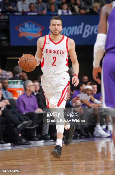 Hunter of the Houston Rockets brings the ball up the court against the Sacramento Kings on April 11, 2018 at Golden 1 Center in Sacramento,...