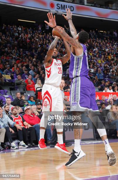 Tarik Black of the Houston Rockets shoots against the Sacramento Kings on April 11, 2018 at Golden 1 Center in Sacramento, California. NOTE TO USER:...