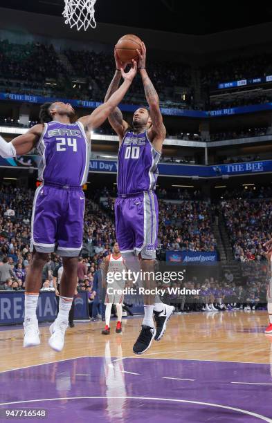 Buddy Hield and Willie Cauley-Stein of the Sacramento Kings rebound against the Houston Rockets on April 11, 2018 at Golden 1 Center in Sacramento,...
