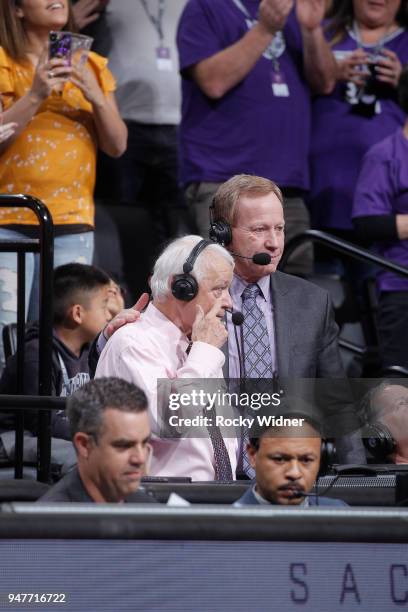 Sacramento Kings TV analyst Jerry Reynolds and announcer Grant Napear look on during the game against the Houston Rockets on April 11, 2018 at Golden...