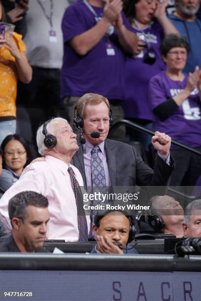 Sacramento Kings TV analyst Jerry Reynolds and announcer Grant Napear look on during the game against the Houston Rockets on April 11, 2018 at Golden...