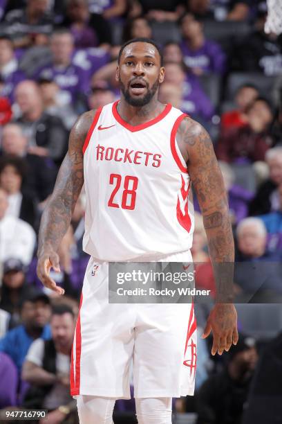 Tarik Black of the Houston Rockets looks on during the game against the Sacramento Kings on April 11, 2018 at Golden 1 Center in Sacramento,...