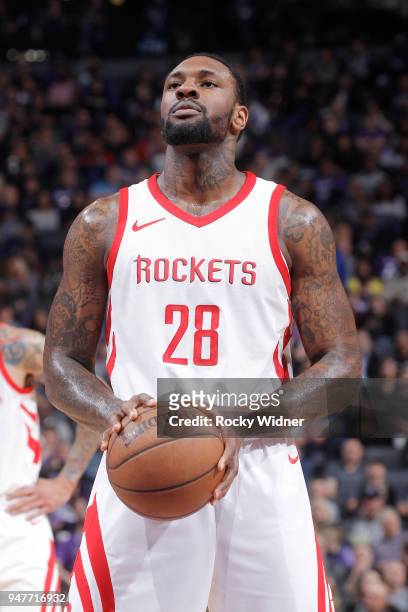 Tarik Black of the Houston Rockets attempts a free-throw shot against the Sacramento Kings on April 11, 2018 at Golden 1 Center in Sacramento,...