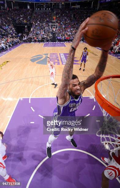 Willie Cauley-Stein of the Sacramento Kings dunks against the Houston Rockets on April 11, 2018 at Golden 1 Center in Sacramento, California. NOTE TO...