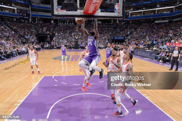 JaKarr Sampson of the Sacramento Kings dunks against the Houston Rockets on April 11, 2018 at Golden 1 Center in Sacramento, California. NOTE TO...