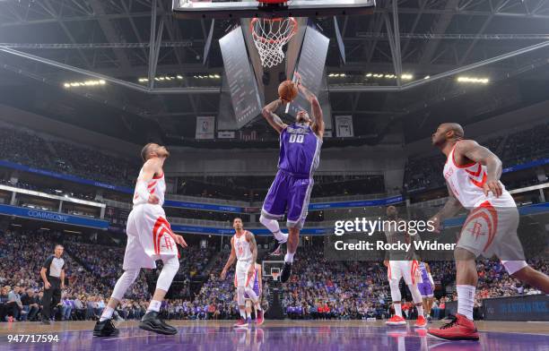 Willie Cauley-Stein of the Sacramento Kings goes up for the shot against the Houston Rockets on April 11, 2018 at Golden 1 Center in Sacramento,...