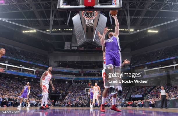 Jack Cooley of the Sacramento Kings shoots a layup against the Houston Rockets on April 11, 2018 at Golden 1 Center in Sacramento, California. NOTE...